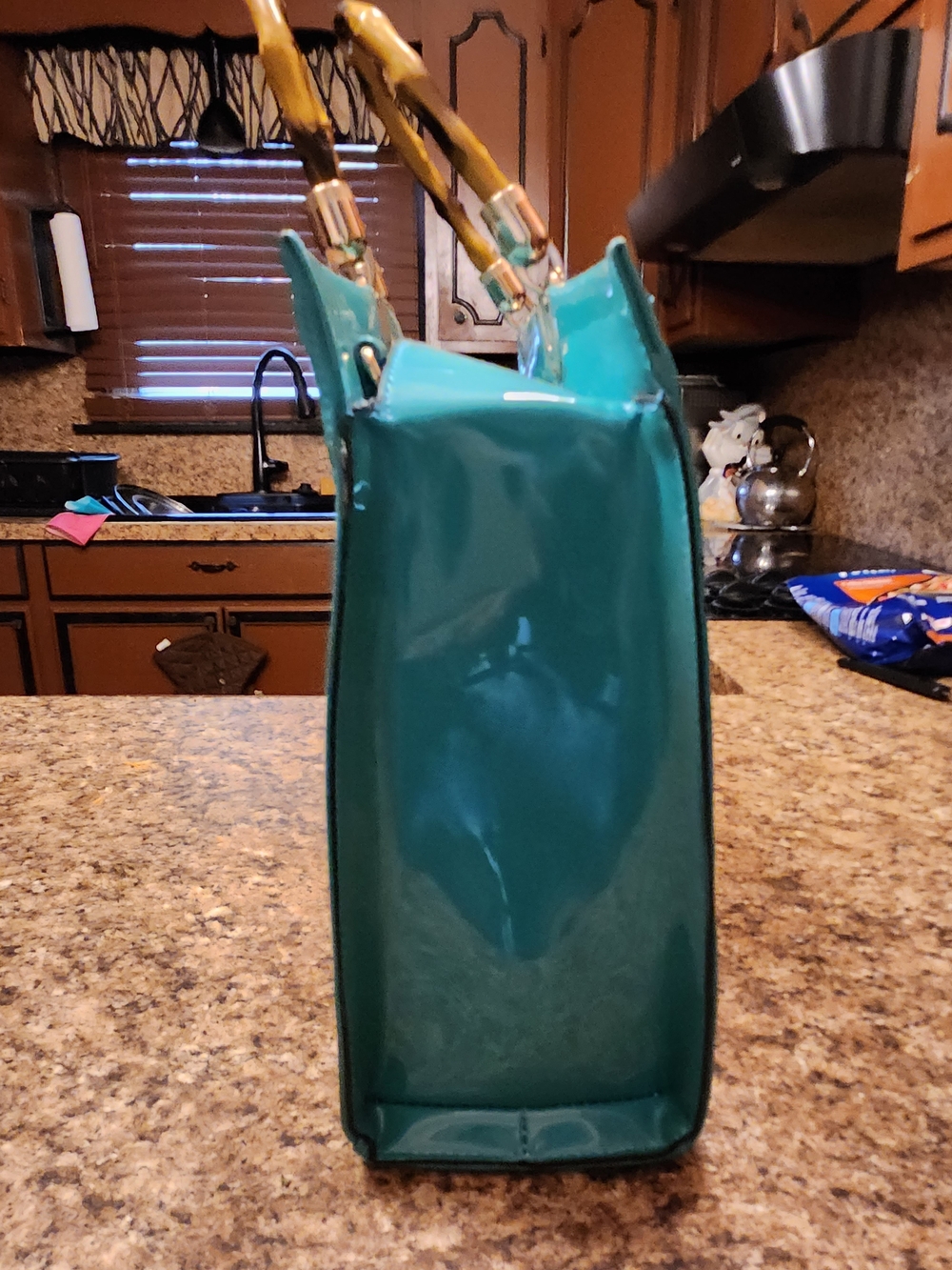 Glossy Teal Patent Tote with Bamboo-Style Handles